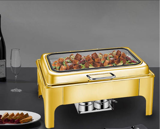เครื่องอุ่นอาหารบุฟเฟต์แบบตั้งโต๊ะ สีทอง ฝาอะคริลิกใส Gold Tabletop Buffet Food Warmer with Clear Lid 304
